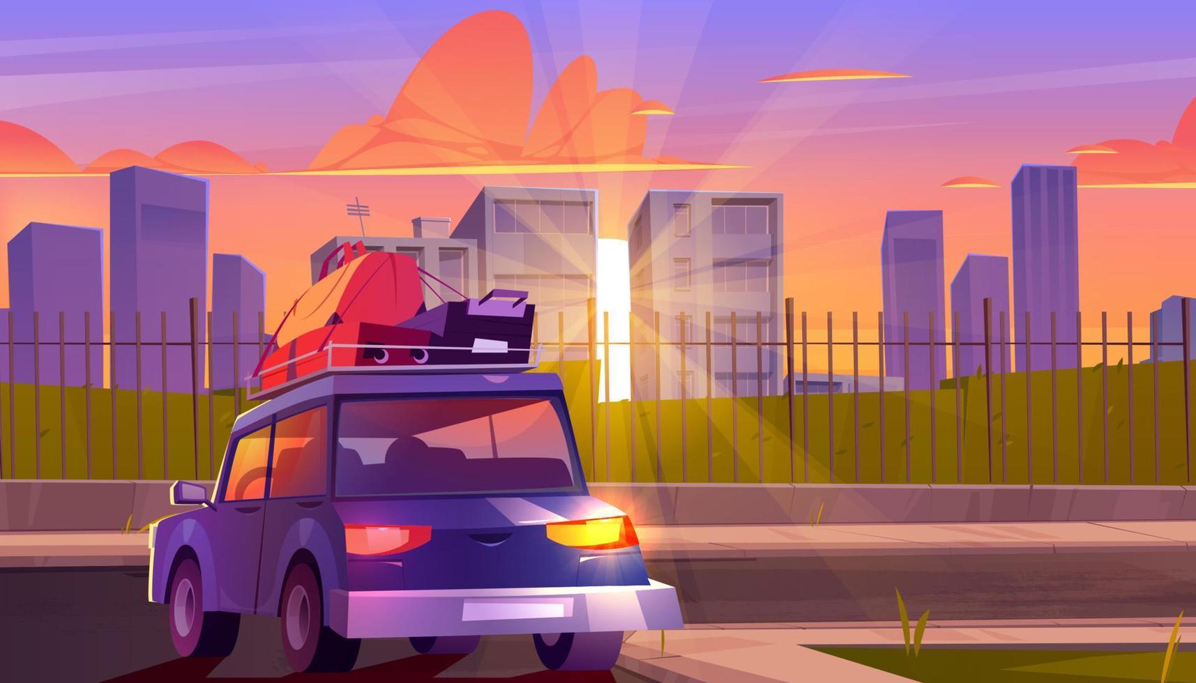 Car with luggage on city street at sunset vector