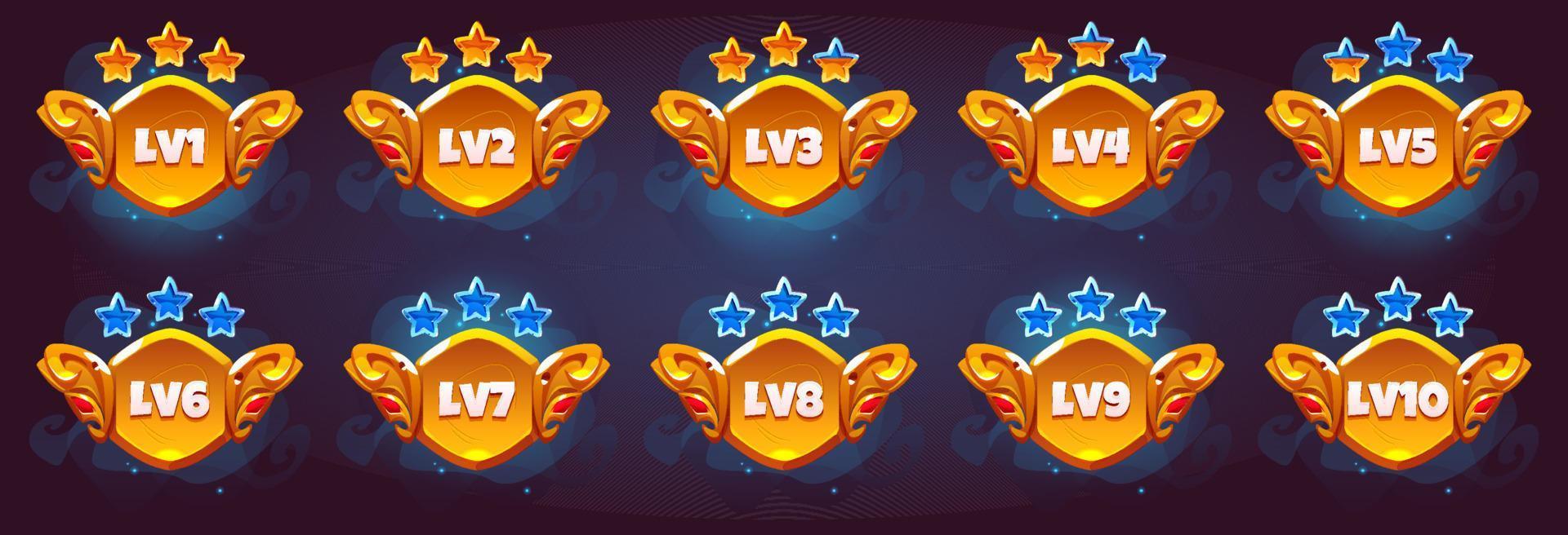 insignias doradas de nivel de juego con estrellas de calificación vector