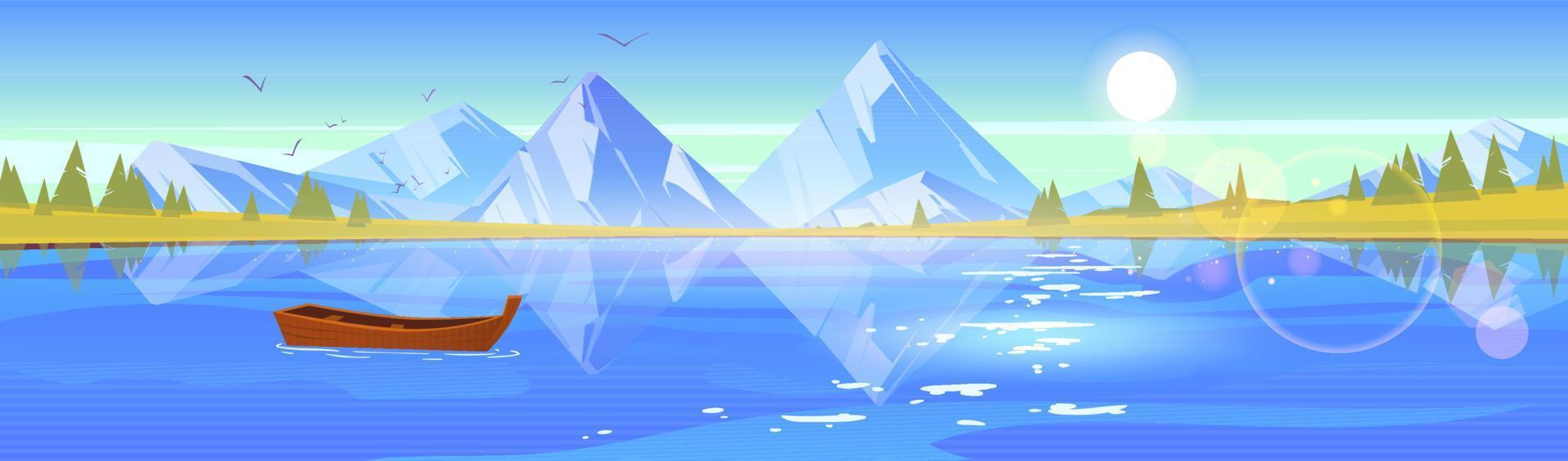 paisaje con lago con bote de madera, montañas vector