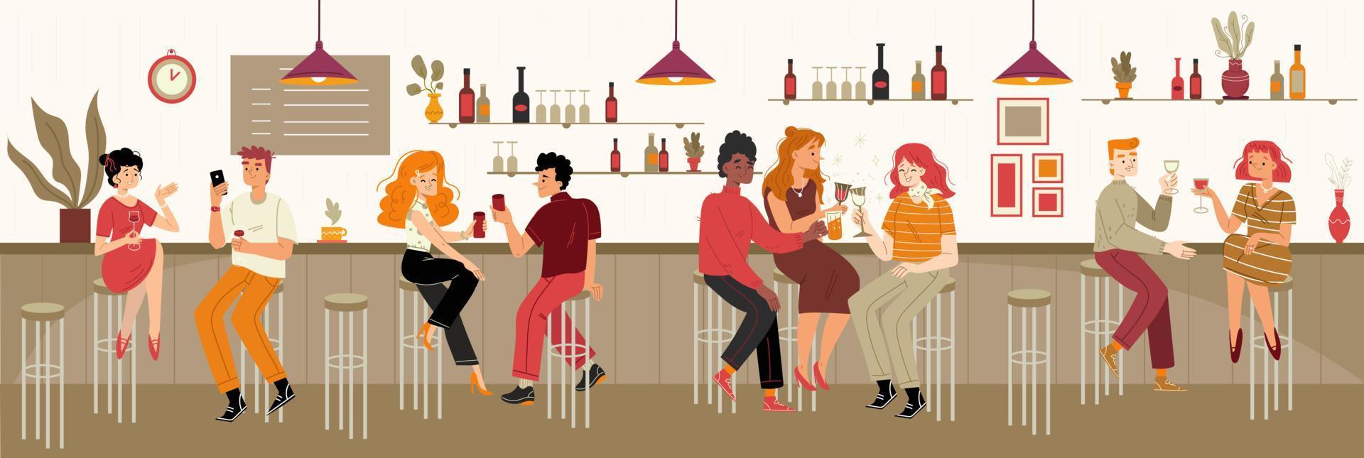 Diverse people drink alcohol in bar vector
