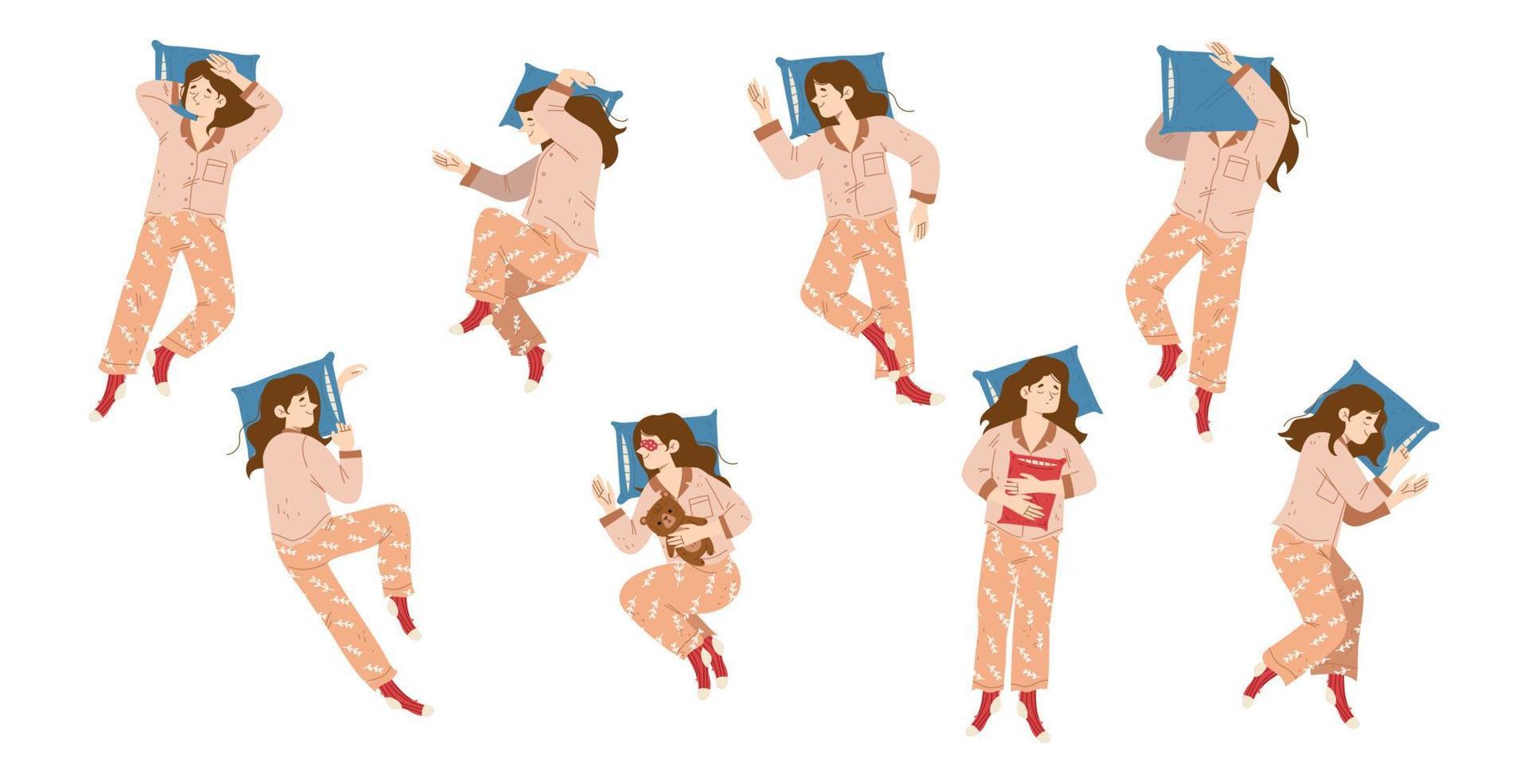 Woman sleep on pillow in different poses top view vector