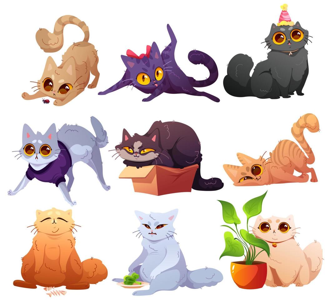 Cute cats and kittens, pets in different poses vector