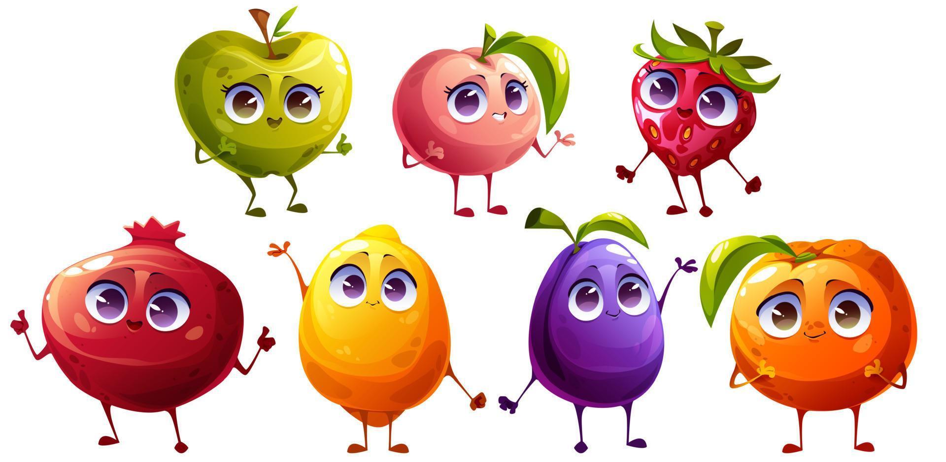 lindos personajes de frutas y bayas sonríen vector