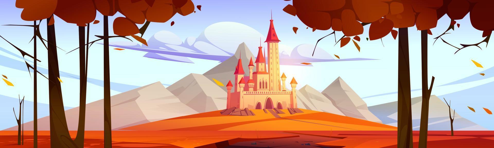 Fairy tale castle in mountain valley in autumn vector