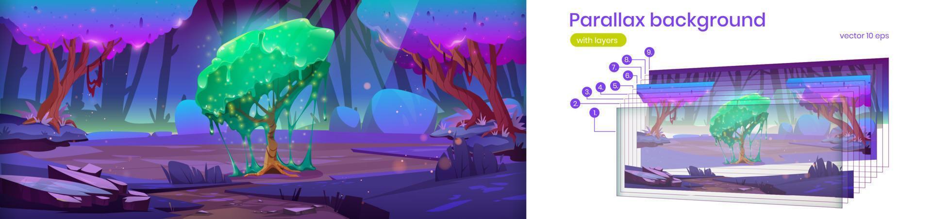 Parallax background with fantasy tree in forest vector