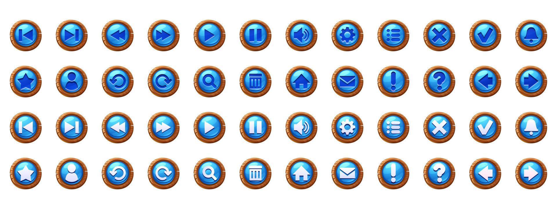 Circle blue buttons with wooden frame and icons vector