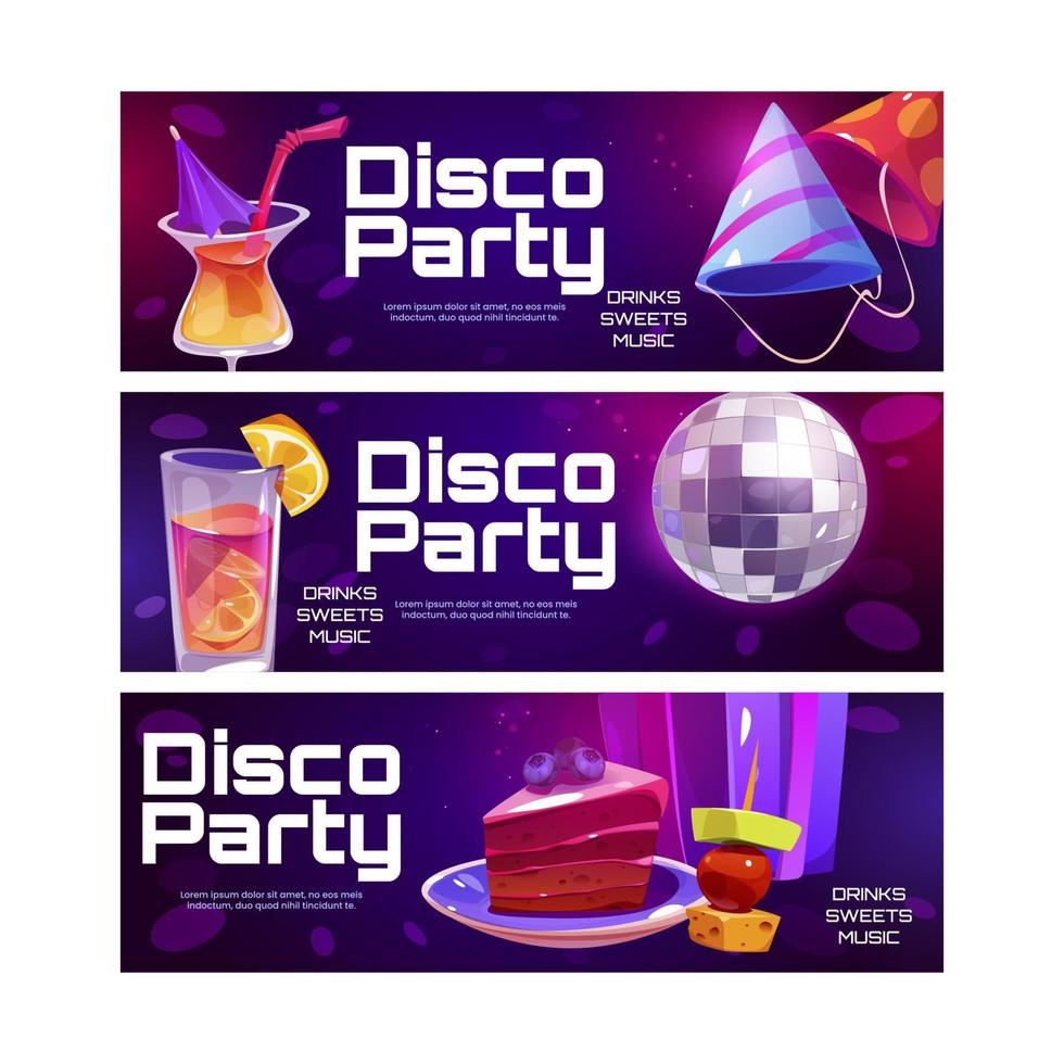 Disco party posters with cocktails, cake vector