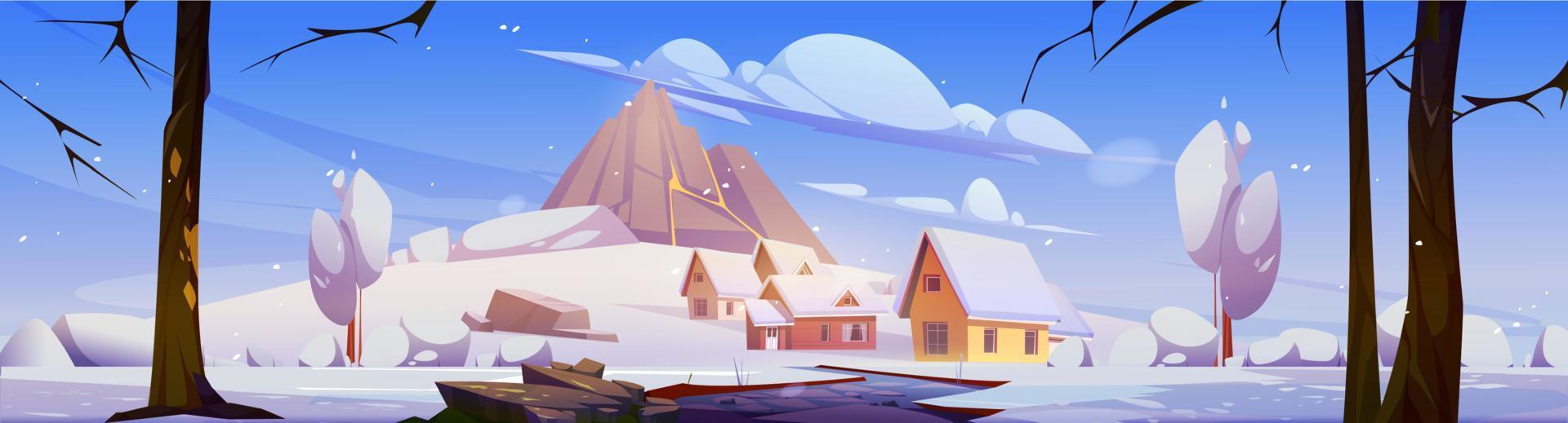 Winter landscape with mountain, houses and snow vector
