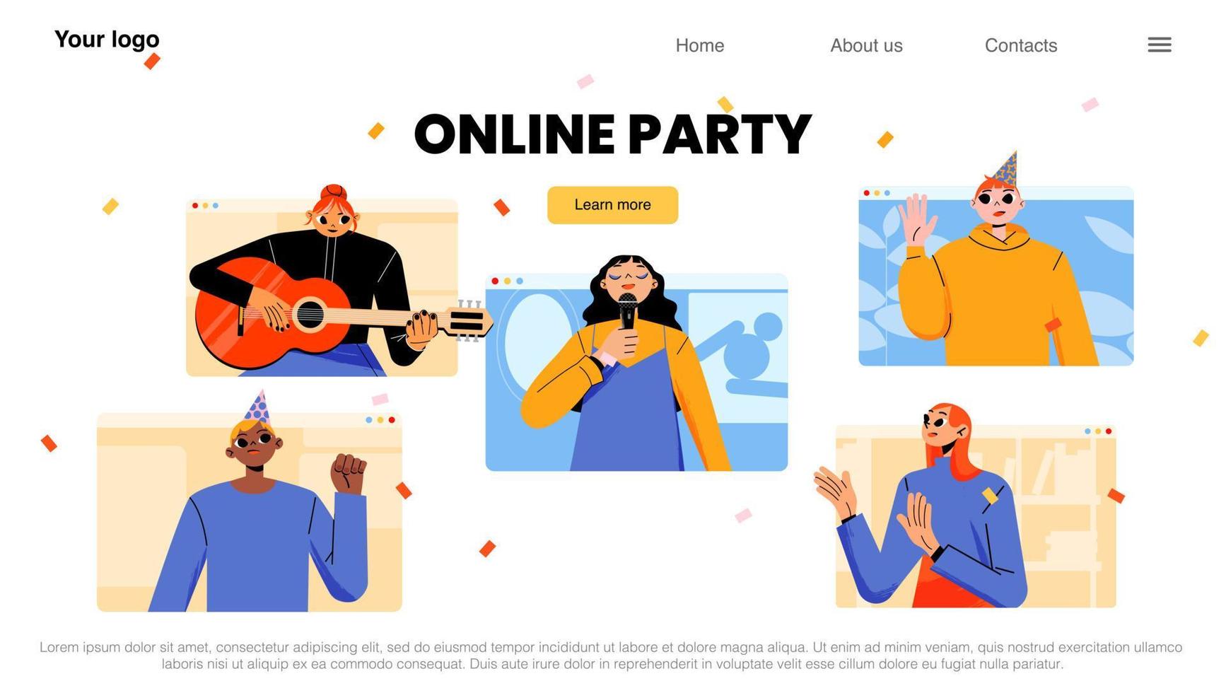 Online party, video call with happy people vector