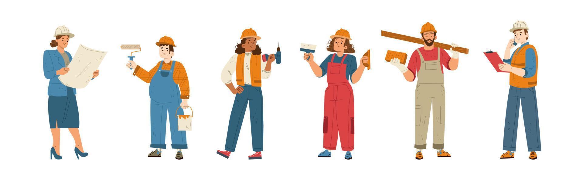 Builders and construction workers in helmets vector