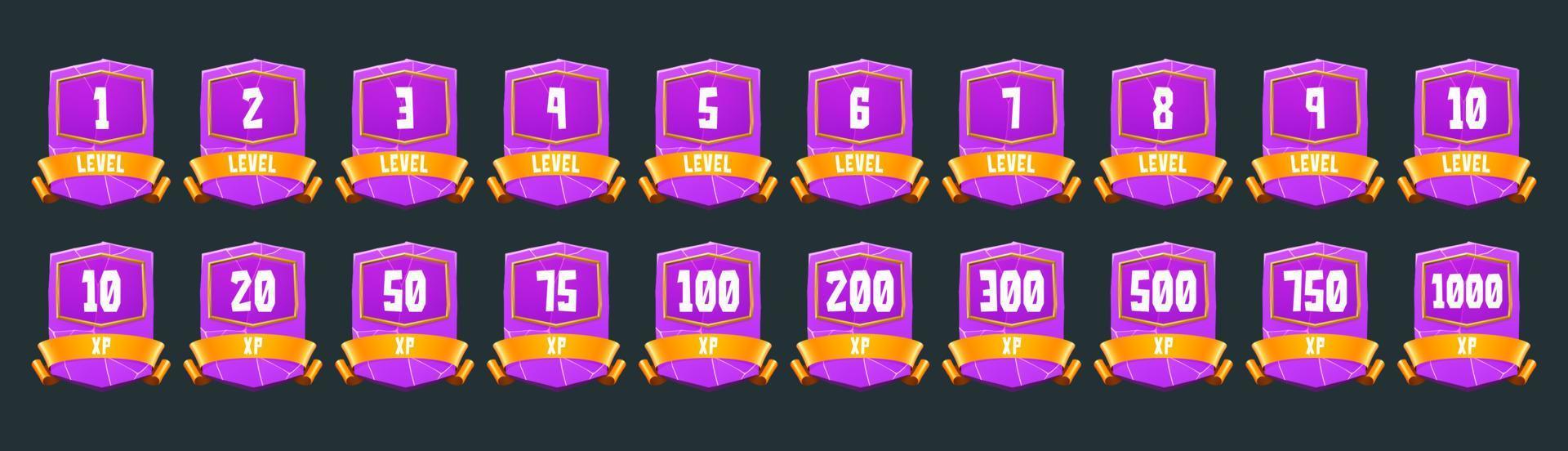 Purple badges with level number and xp points vector