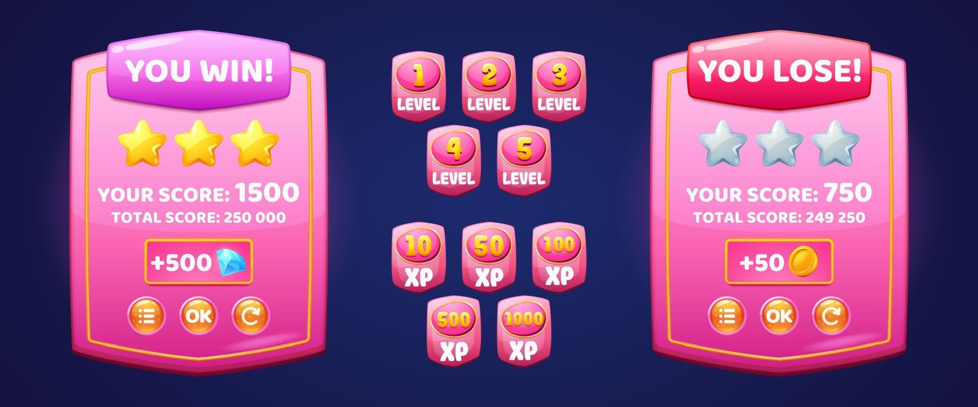 Game pink boards of win or lose, badges of level vector