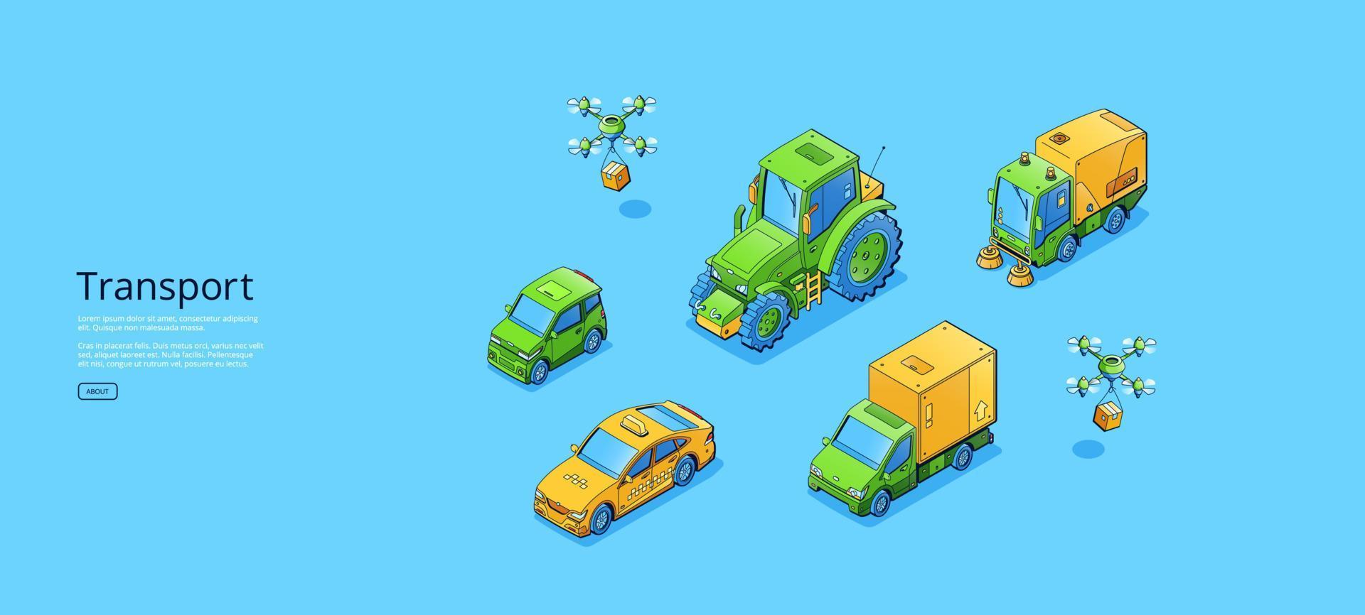 Transport isometric web banner, tractor, taxi vector