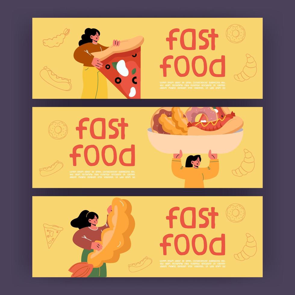 pancartas de comida rápida con chica, hot dog, pizza, donut vector