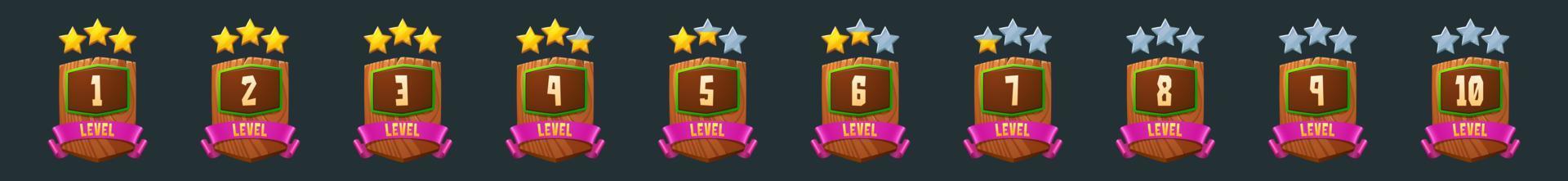 Game level wooden badges with gold rating stars vector