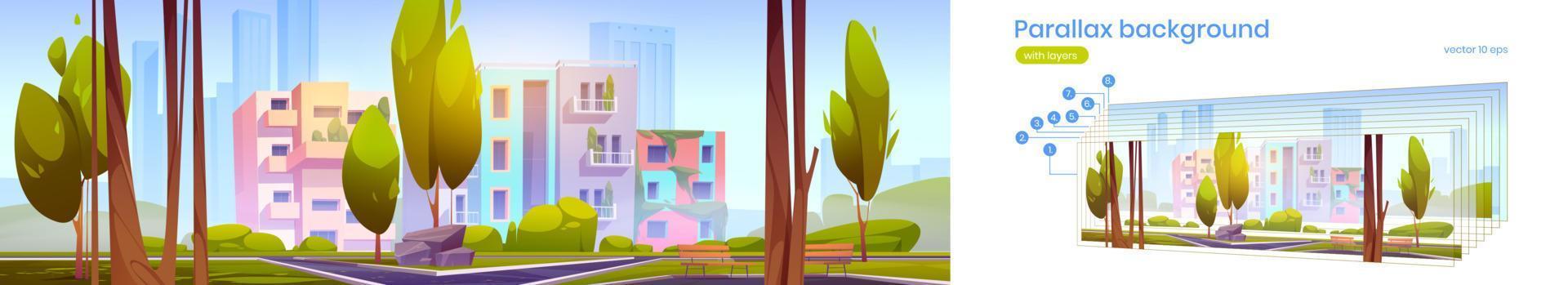 Parallax background with eco houses and city park vector