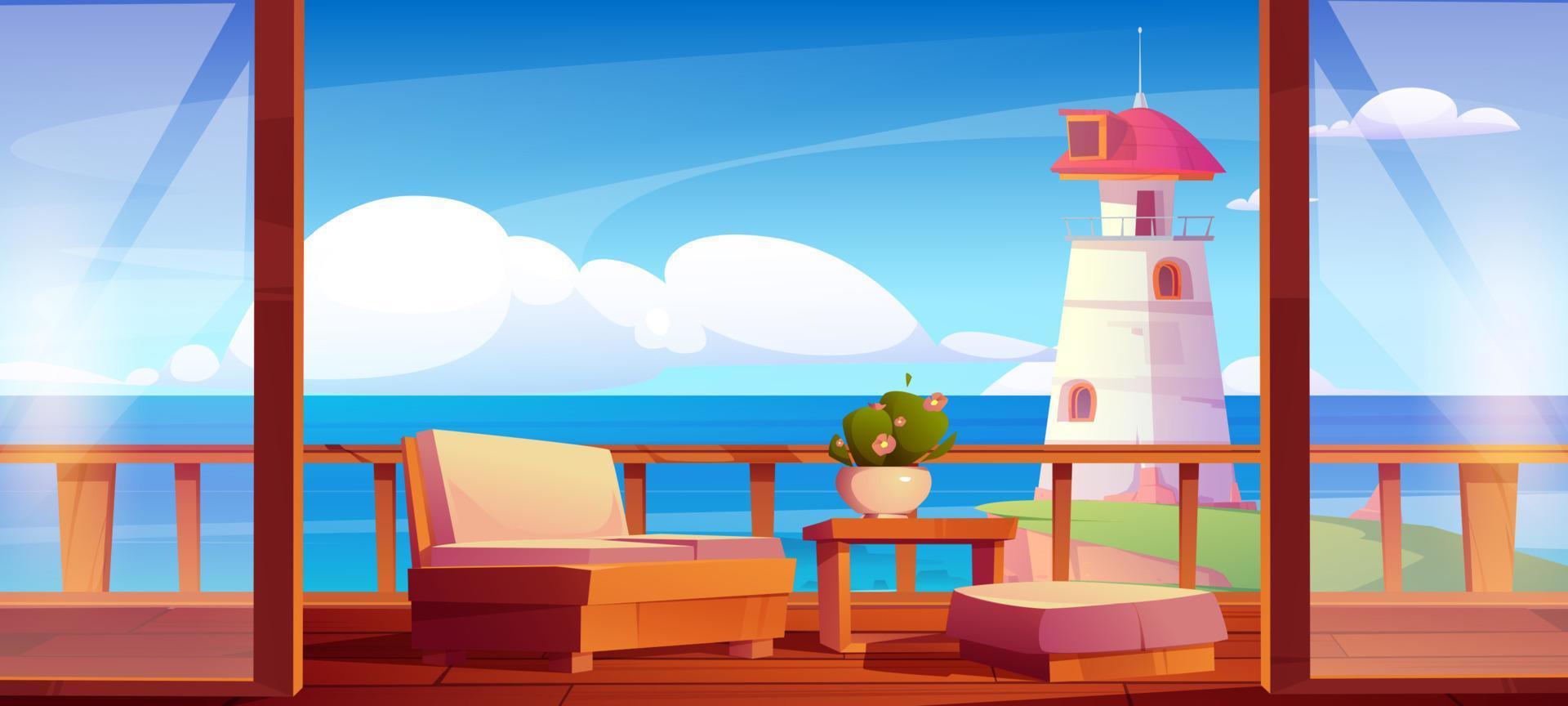 Wooden house terrace on sea coast with lighthouse vector