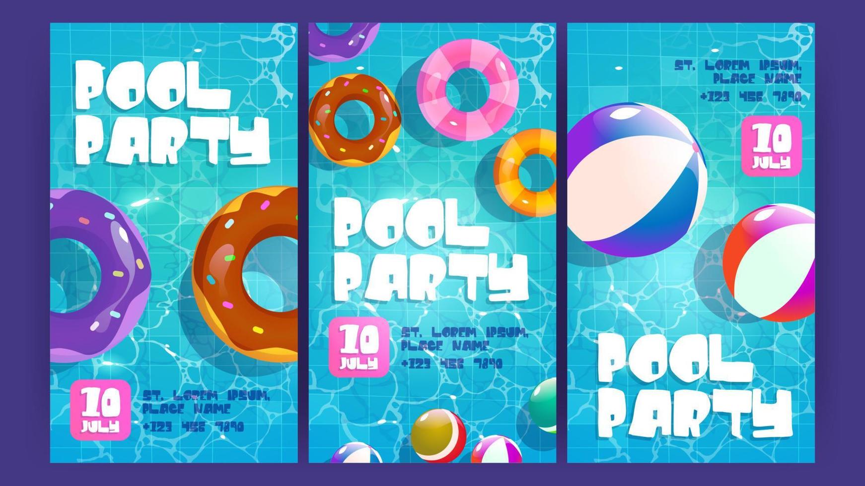 carteles de fiesta en la piscina con anillos inflables en el agua vector