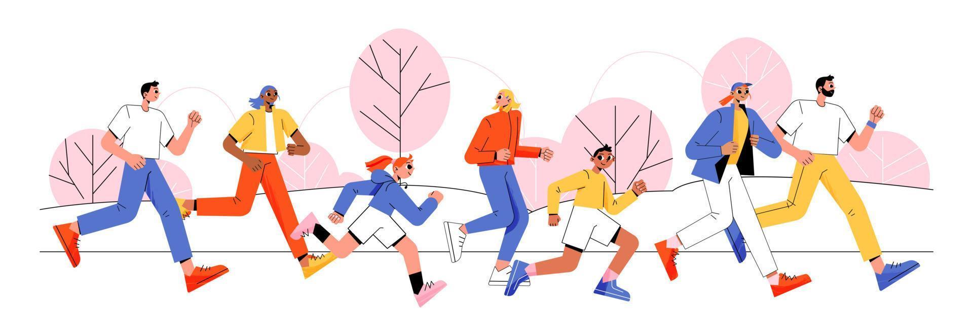 People jogging in park, group of runners vector