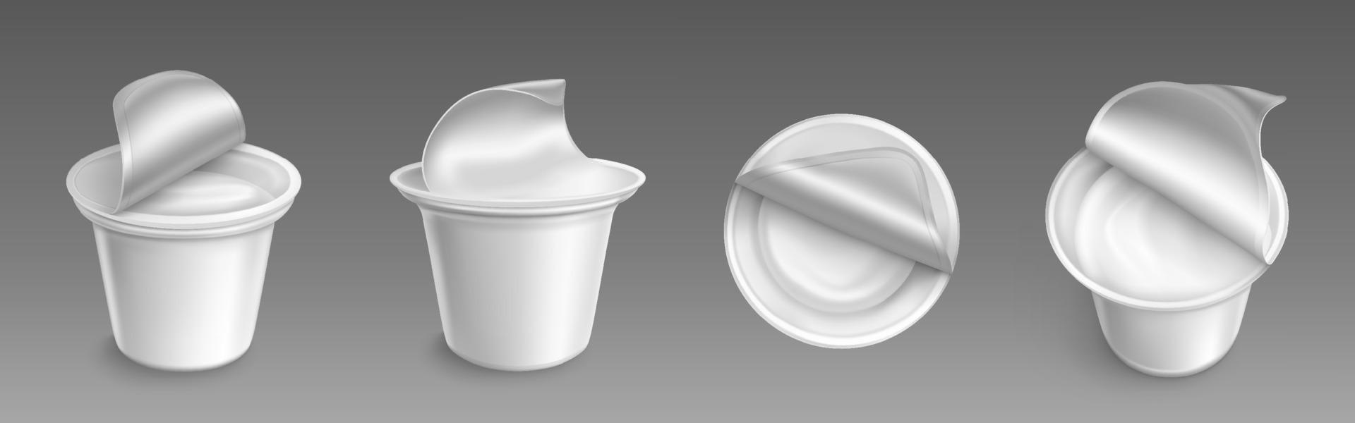 Plastic cup with open cap and yogurt inside set vector