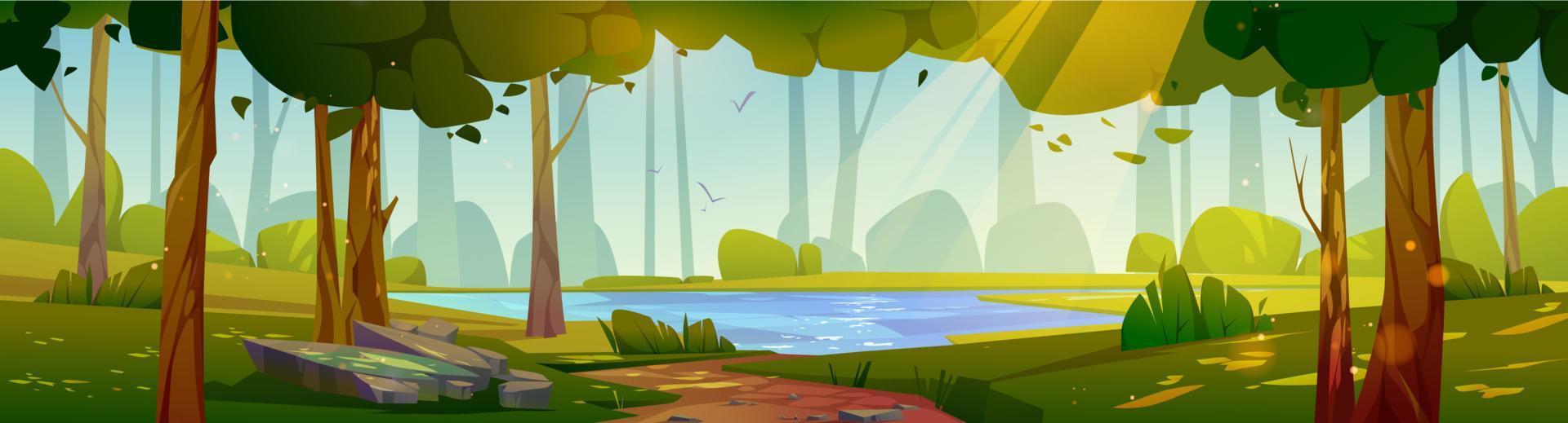 Summer forest landscape with lake and trees vector