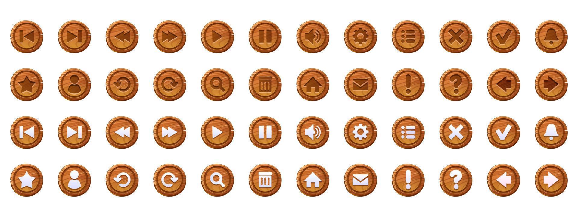 botones circulares con textura de madera e iconos vector
