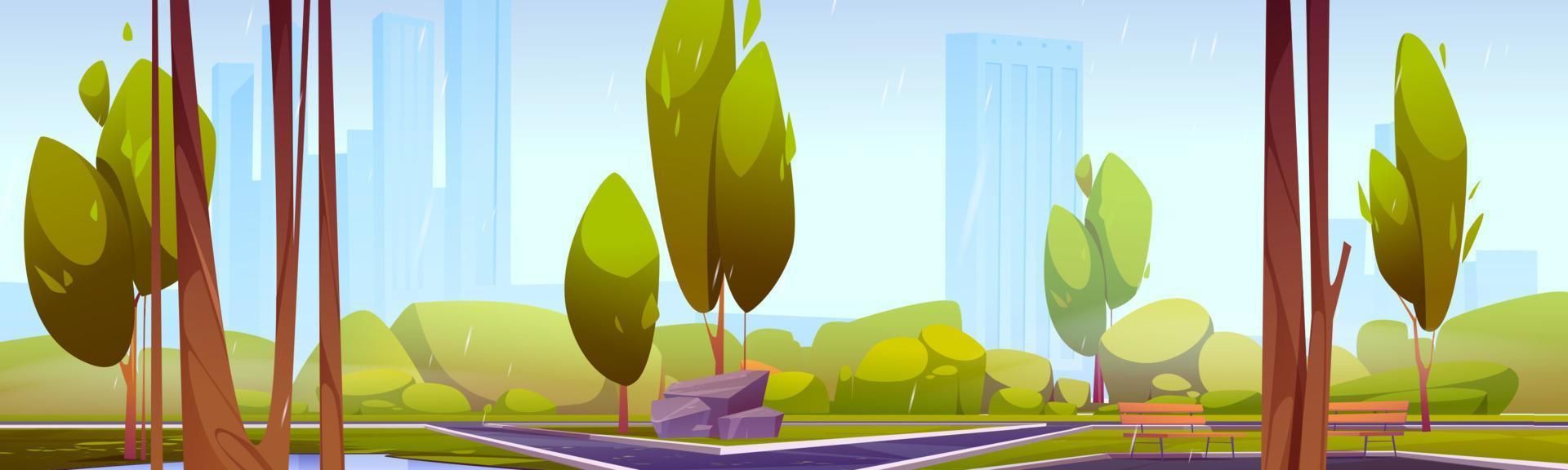 City park with trees, benches and skyscrapers vector