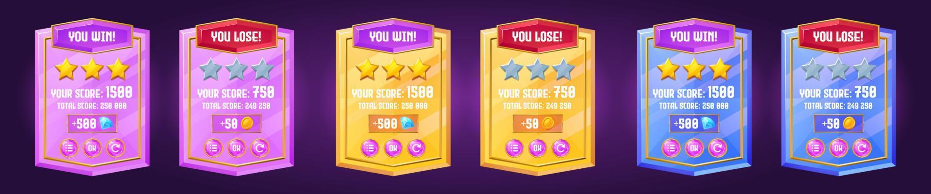 Game color boards of win or lose, badges vector