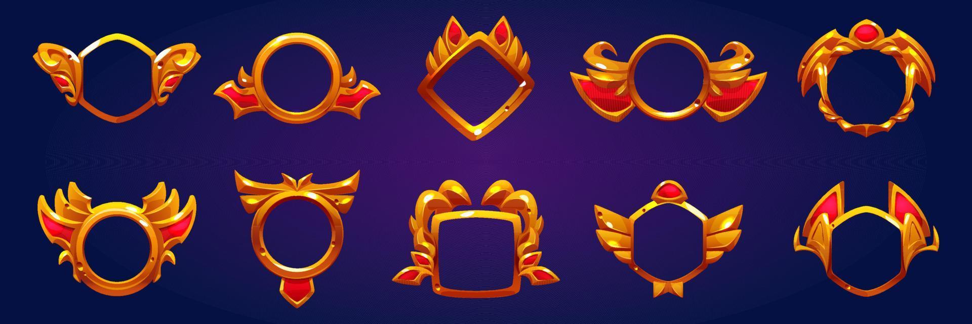 Golden award badges, game avatar frames vector