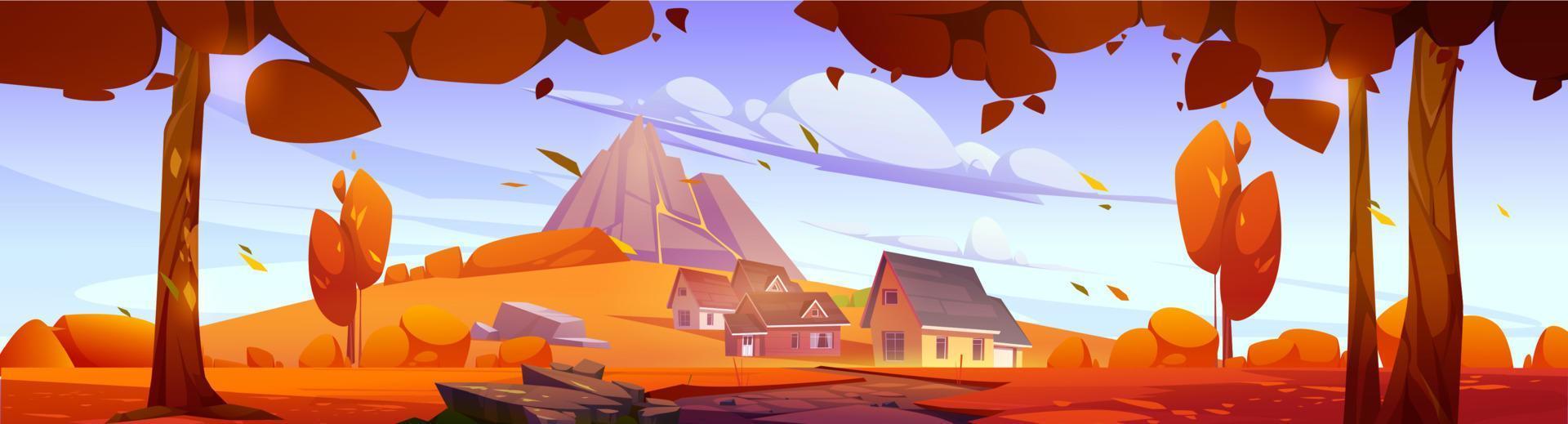 paisaje otoñal con montaña, casas de pueblo vector