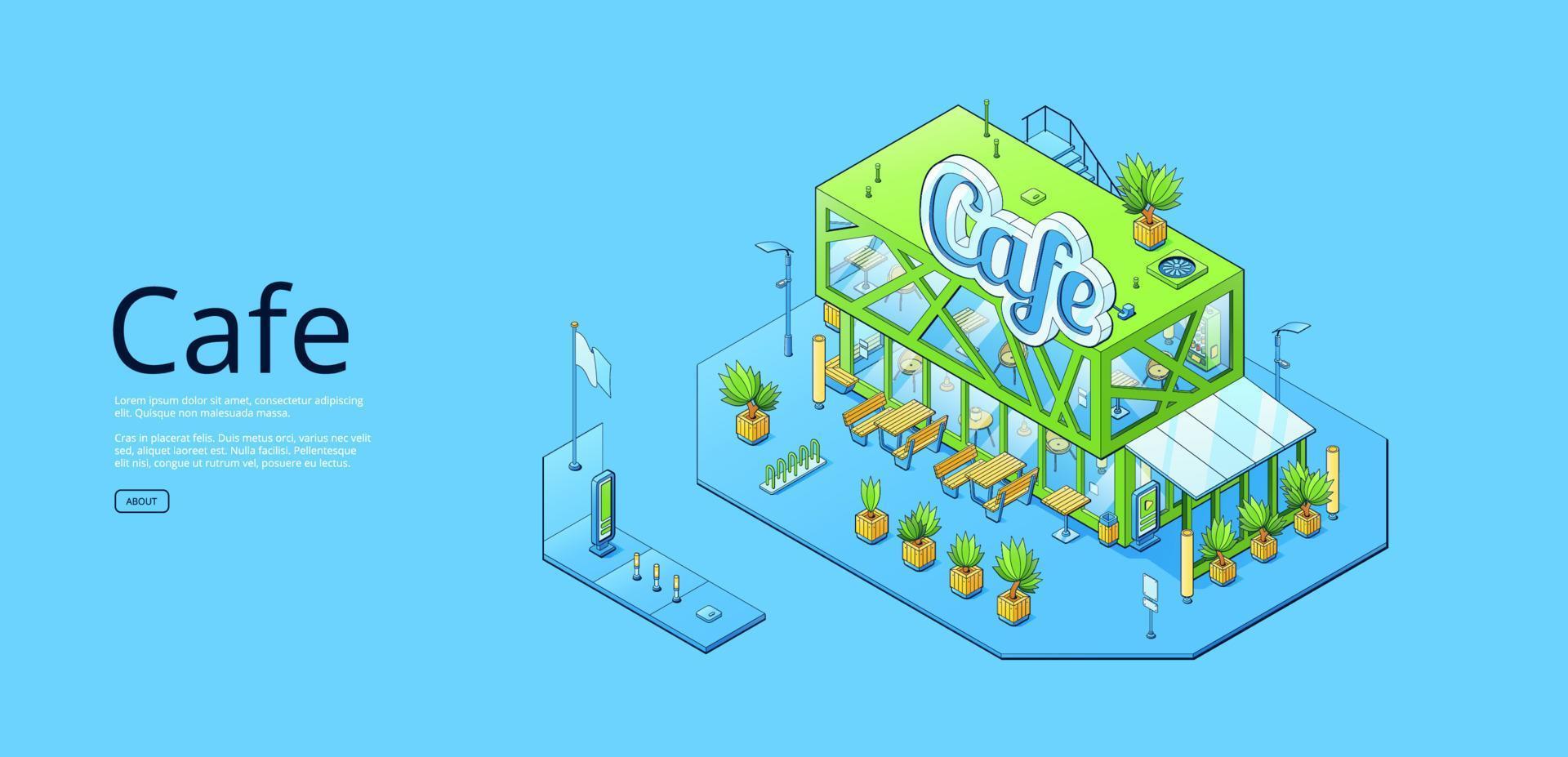 banner con edificio de cafetería isométrica vector