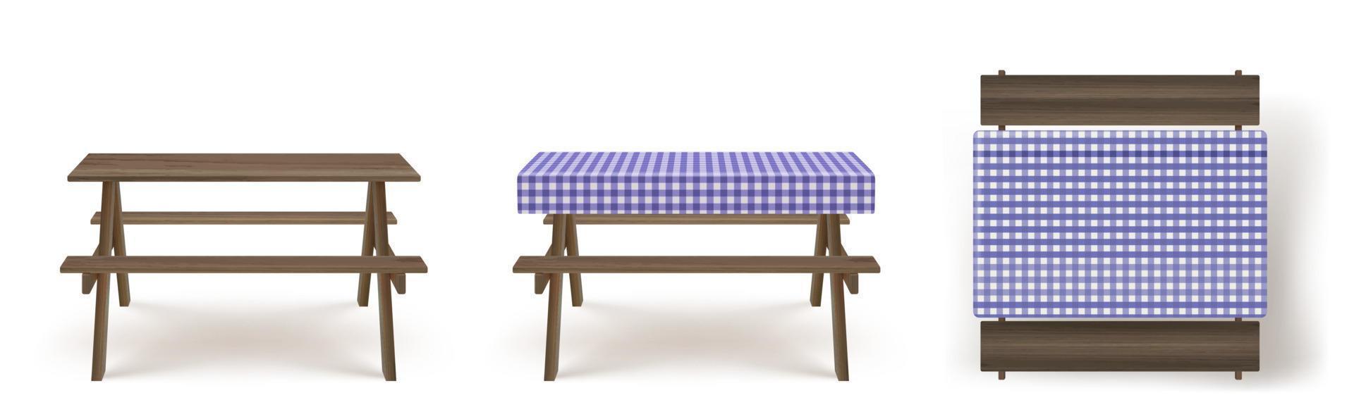 Wooden picnic table with benches tablecloth vector