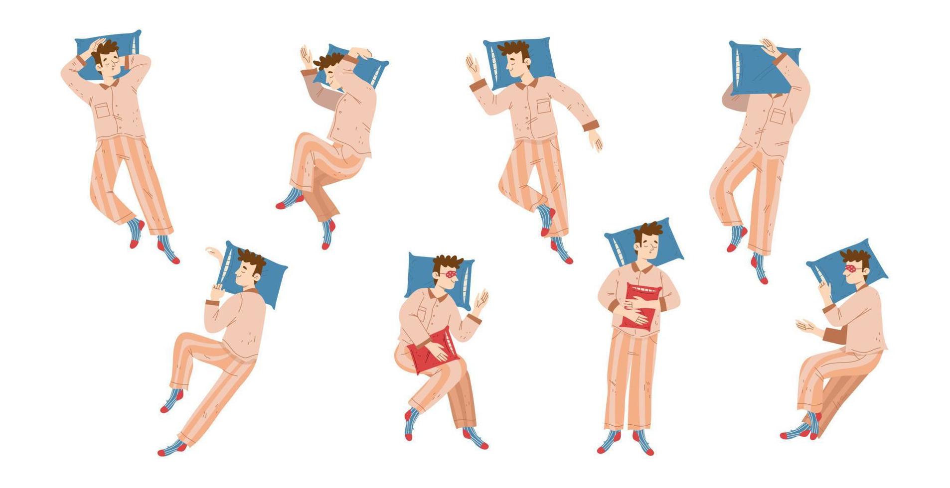 Man sleep in different poses top view vector