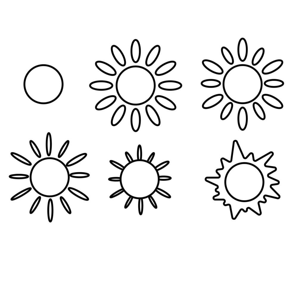 un conjunto de iconos de sol en blanco y negro. vector