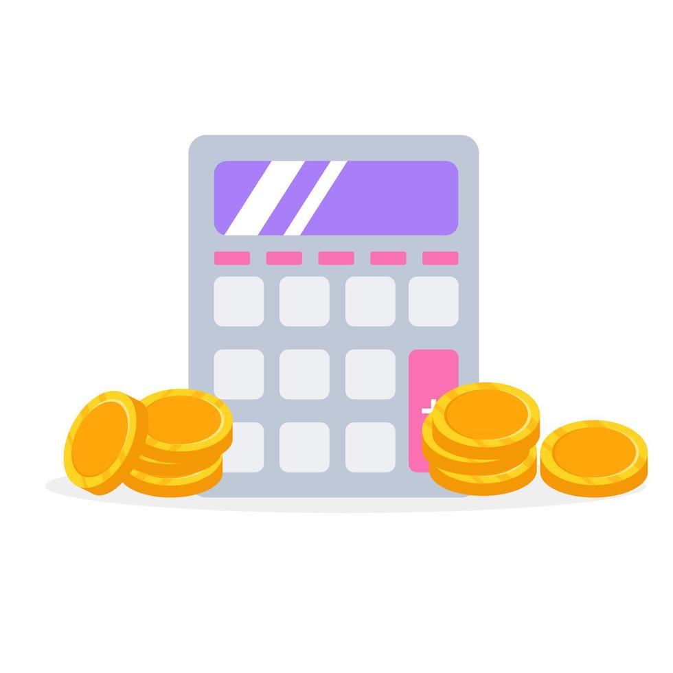 Flat style electronic calculator with stacks of coins. Vector illustration