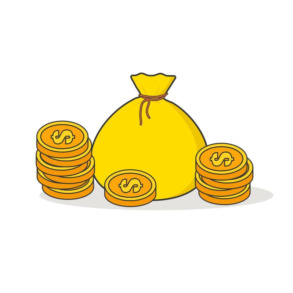 bolsa amarilla de dinero con monedas de dólar. imagen vectorial, aislada en fondo blanco vector