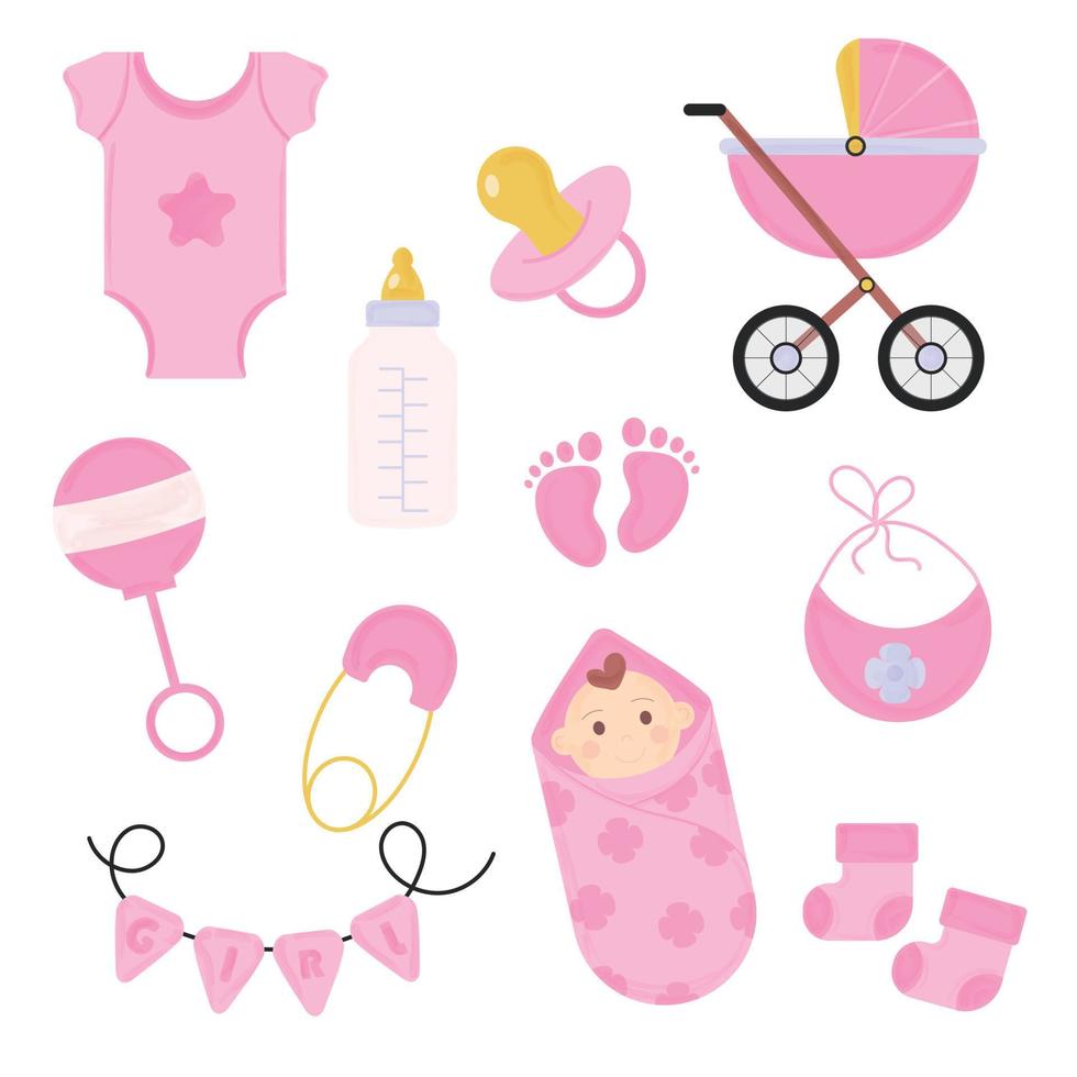 Set of elements for a baby shower in watercolor style for a girl. Vector illustration