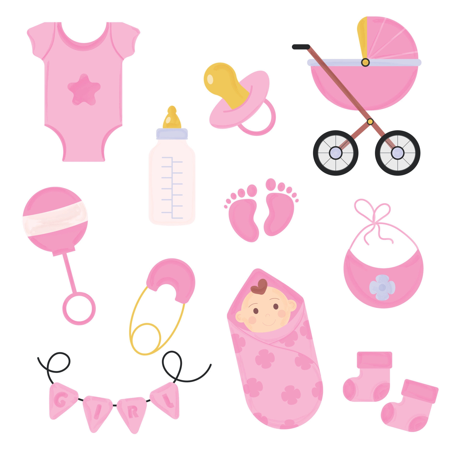 Set of pink color baby supplies for a girl, Baby clothes and accessories,  motherhood concept, baby shower, vector set, isolated elements 7082307  Vector Art at Vecteezy