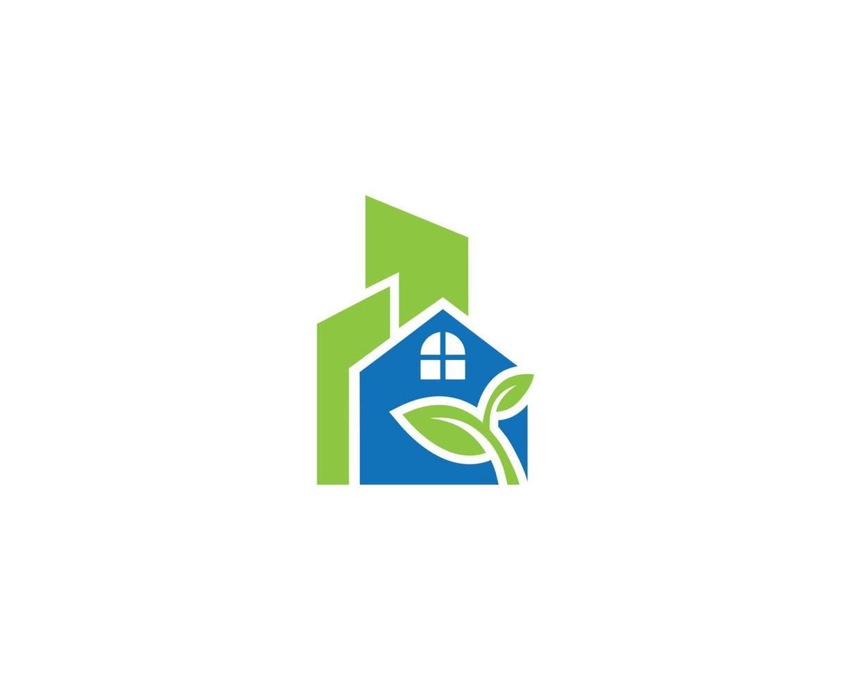 diseño de logotipo de construcción y hogar verde con plantilla de vector de concepto de ciudad de hoja.