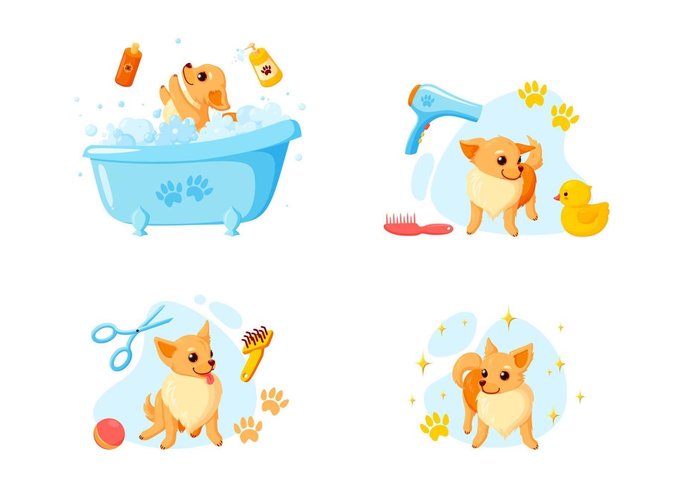 Dog grooming in a bath with pet shampoo, combs and rubber ducks. Playful chihuahua puppy in grooming service. Vector illustration