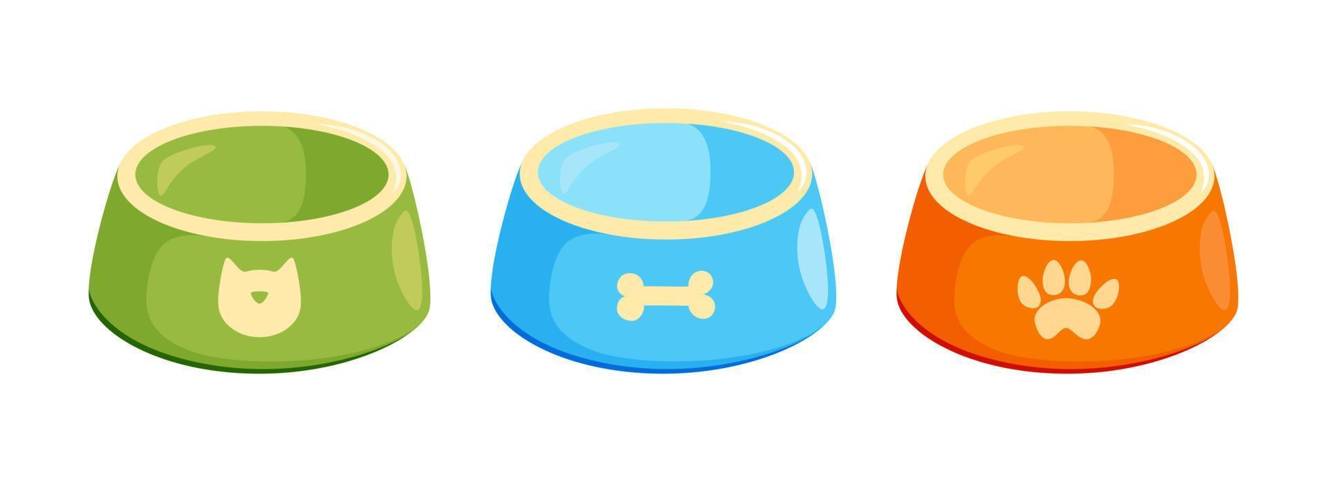 Pet bowl set. Empty bowls for cat or dog for kibbles and water. Vector illustration