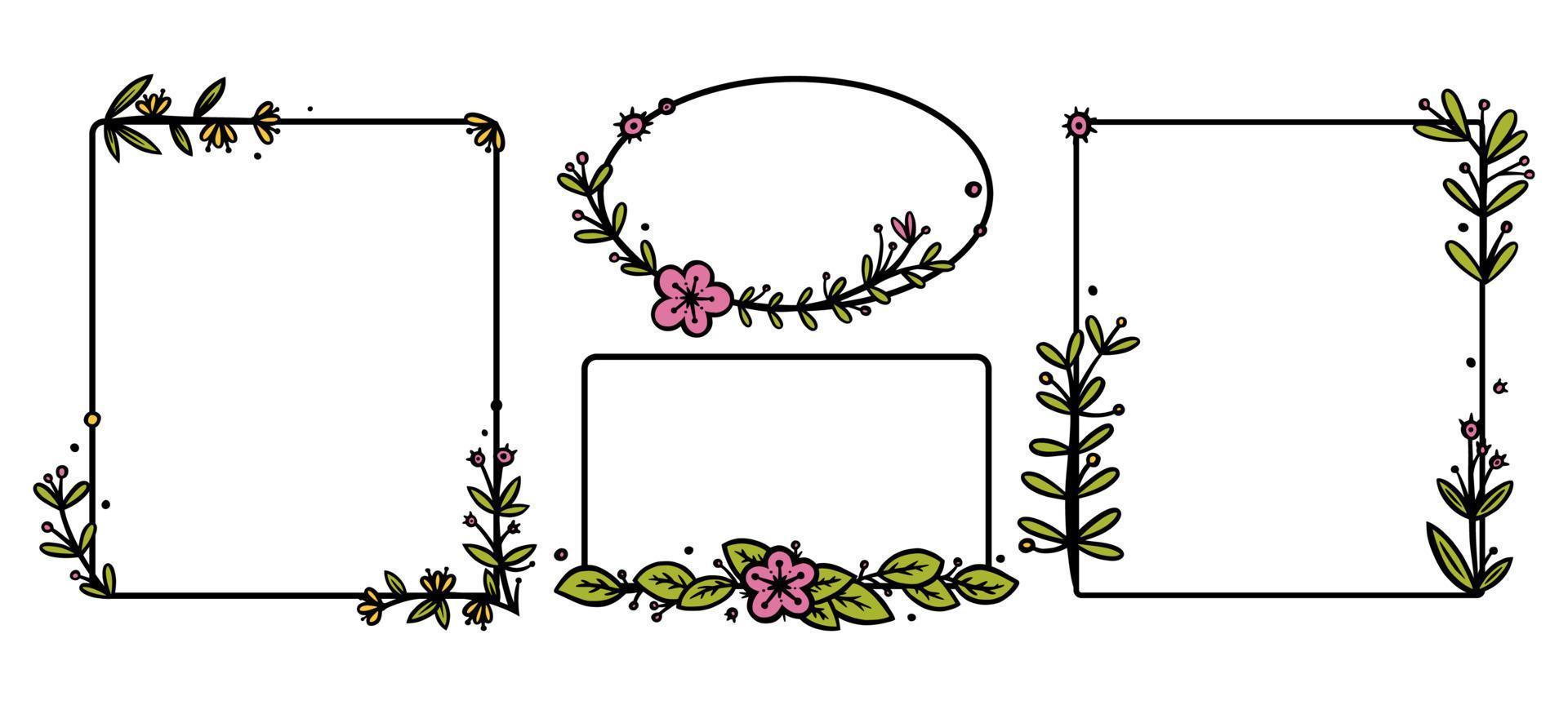 Rustic wreaths dividers with handdrawn flowers. Rectangle and circle doodle wreaths. Doodle vector illustration