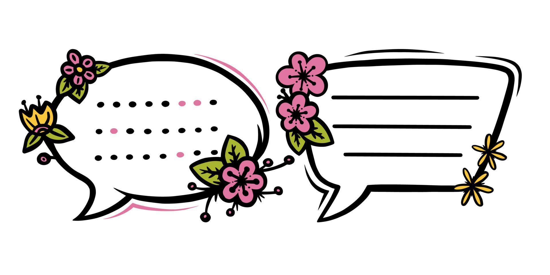 burbujas de habla floral o etiquetas para la decoración de álbumes de recortes. marcos con flores para texto o mensaje. garabato, vector, ilustración vector