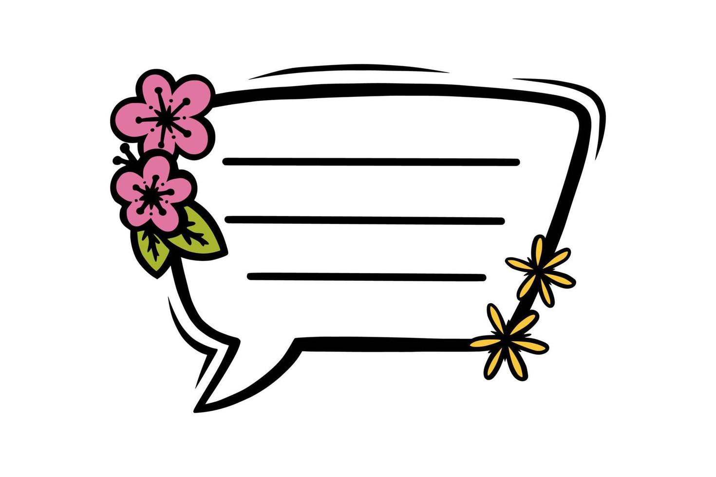 burbuja de habla rectangular floral o etiqueta para la decoración de álbumes de recortes. marco con flores para texto o mensaje. garabato, vector, ilustración vector