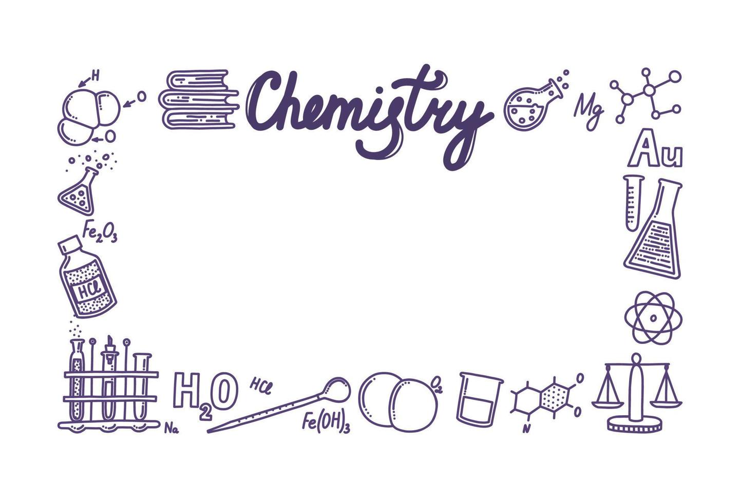 Rectangular box composed of chemistry icons. Test tubes, reactions, atom, molecules, formula and other scientific items. Vector illustration in doodle style