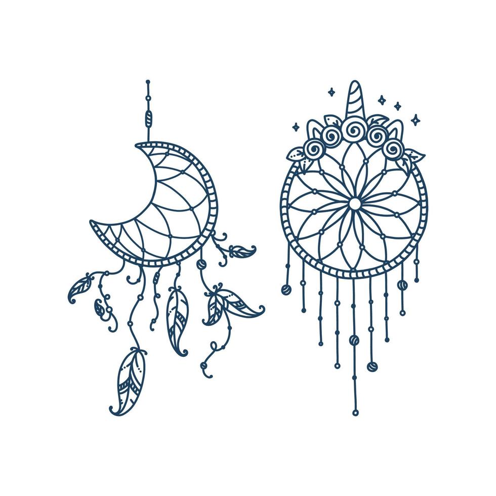 atrapasueños boho con plumas y flecha. conjunto de garabatos de atrapasueños en forma de luna creciente, círculo de unicornio con corona. ilustración vectorial vector