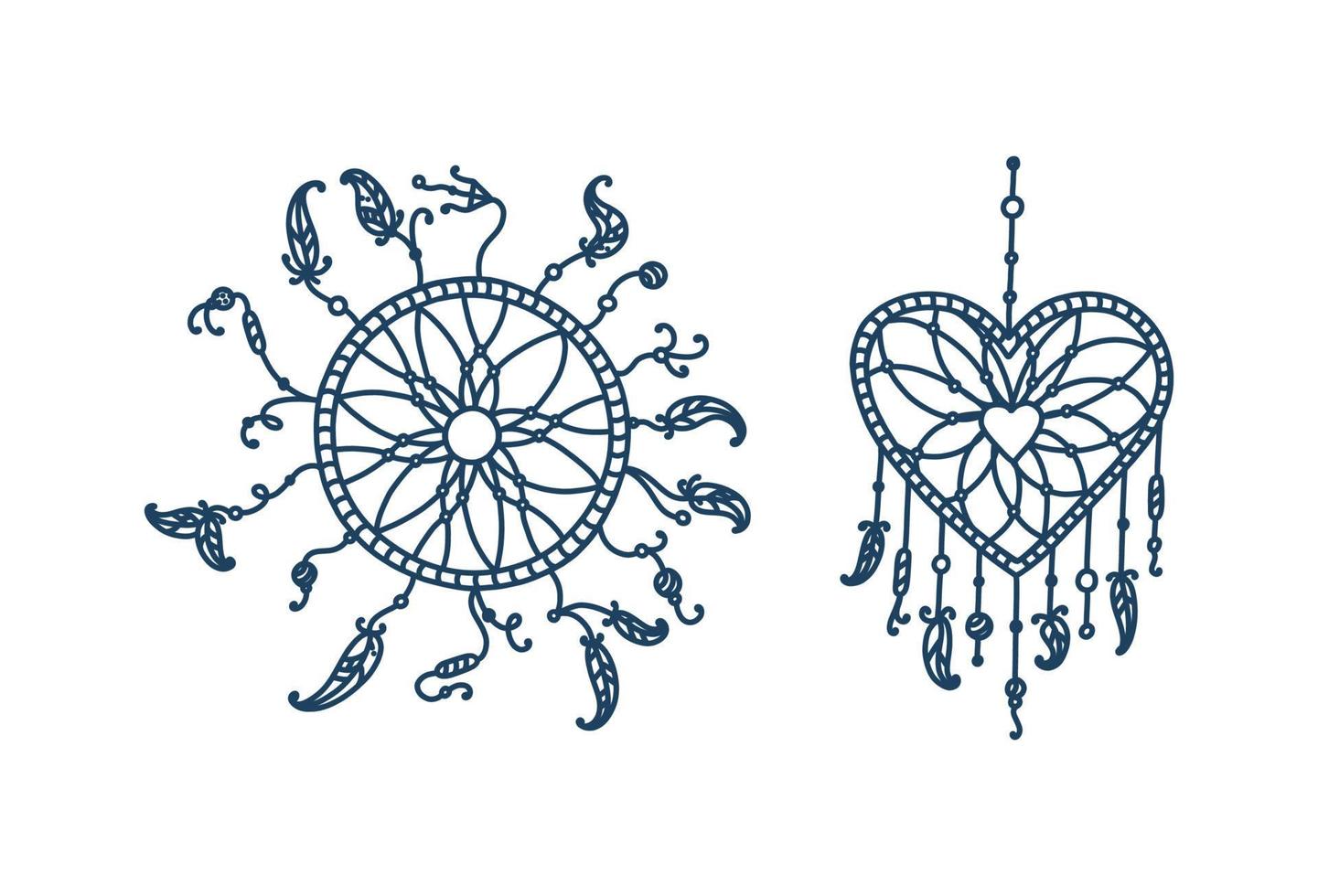 Dreamcatcher circle and heart with feathers. Set of dreamcatchers with tribal feathers. Vector illustration