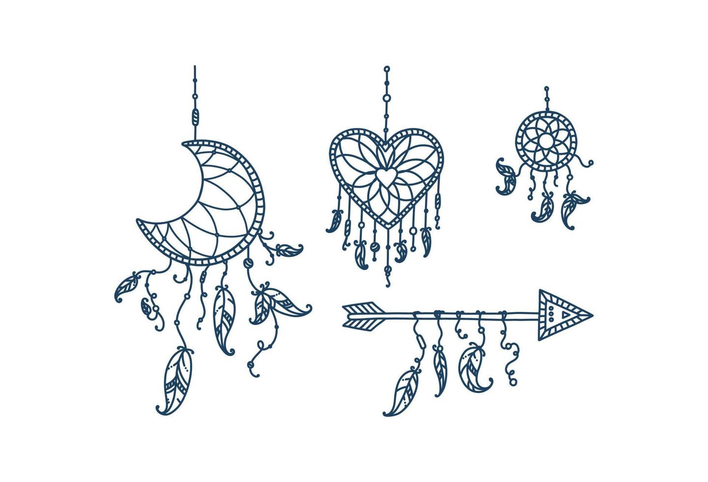 Boho dreamcatchers with feathers and arrow. Doodle set of dreamcatchers in shape of crescent moon, heart and circle. Vector illustration