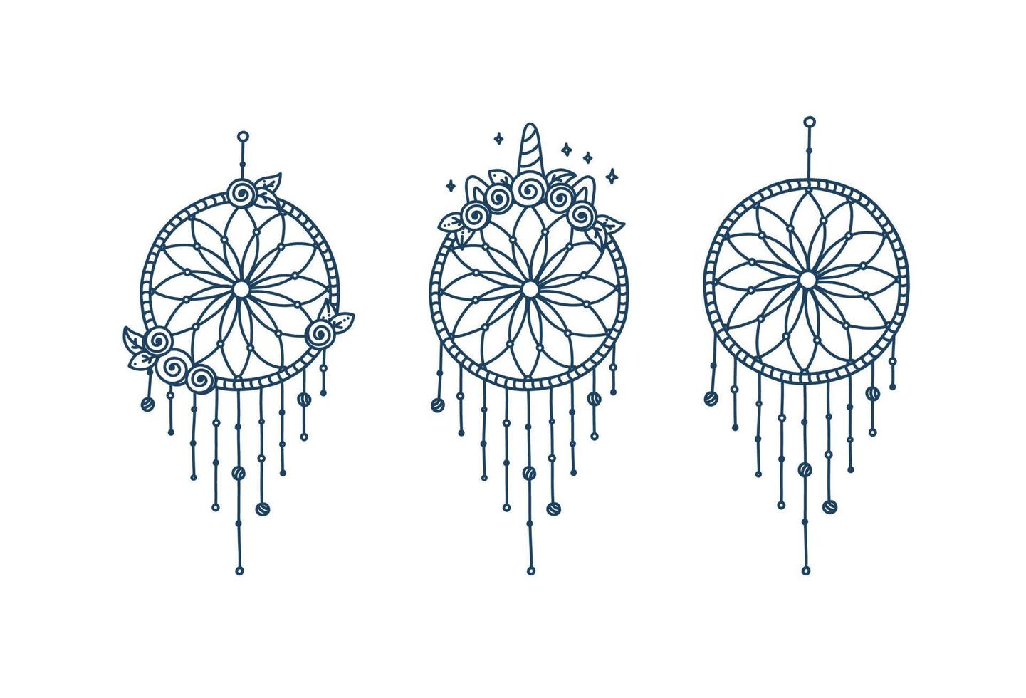 Dreamcatcher unicorns with flowers and ears. Set of horny dreamcatchers with rose wreaths. Vector illustration