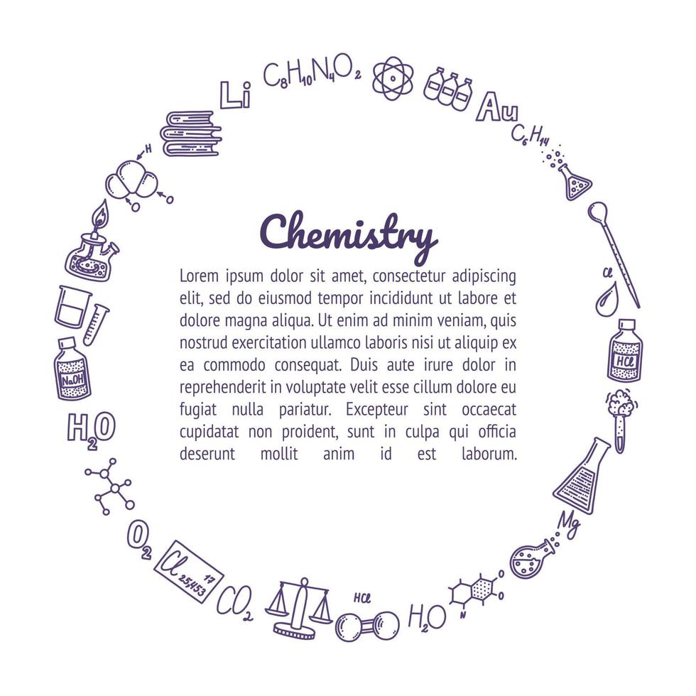 Circle composed of chemistry icons. Test tubes, reactions, atom, molecules, formula and other scientific items. Vector illustration in doodle style